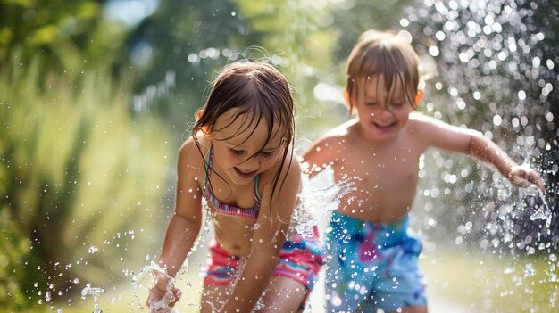 Zwei fröhliche Kinder spielen im Sommer im Wasser