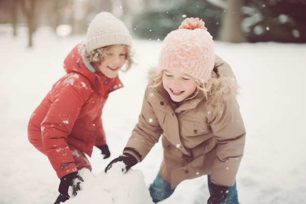 Zwei fröhliche Kinder spielen im Winterpark und lachen, während sie Schnee in ihren Händen sammeln
