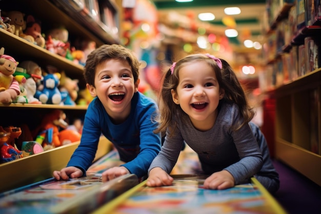 Zwei fröhliche Kleine vergnügen sich in einem Spielzeugladen und ihre Aufregung ist ansteckend