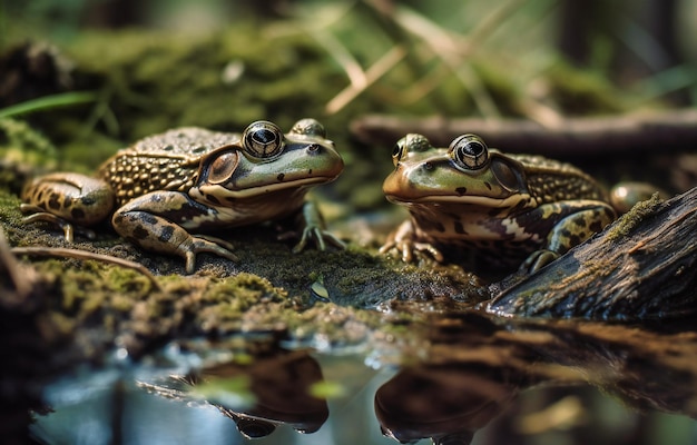 zwei Frösche fressen in einem flachen Gebiet