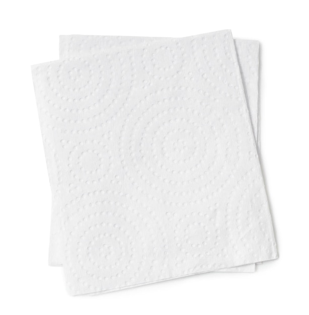 Zwei gefaltete Stücke weißes Seidenpapier oder Serviette im Stapel lokalisiert auf weißem Hintergrund mit Beschneidungspfad