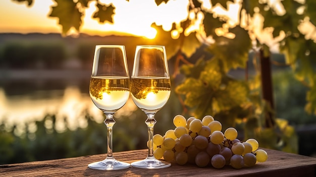 Zwei gefüllt aus einem Glas Weißwein mit weißen Trauben vor der Kulisse eines Weinbergs und Sonnenuntergangs Generative Ai