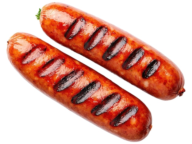 Zwei gegrillte Würstchen mit ausgeprägten Verbrennungsspuren, die auf der Oberfläche ein köstliches rauchiges Finish aufweisen