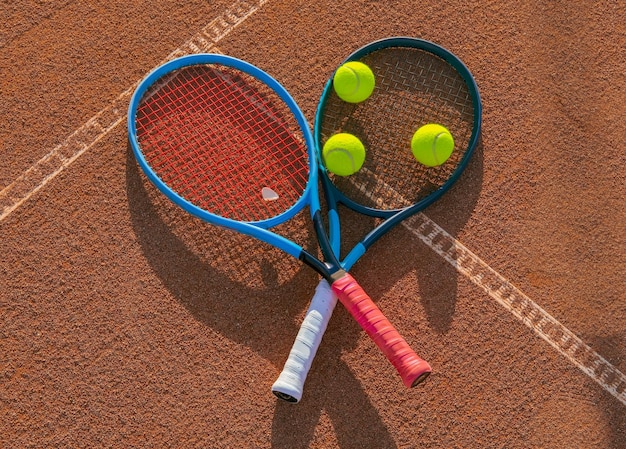 Zwei gekreuzte Tennisschläger mit Bällen auf einem Sandplatz