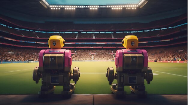 Zwei gelbe und rosa Roboter sitzen in einem Stadion