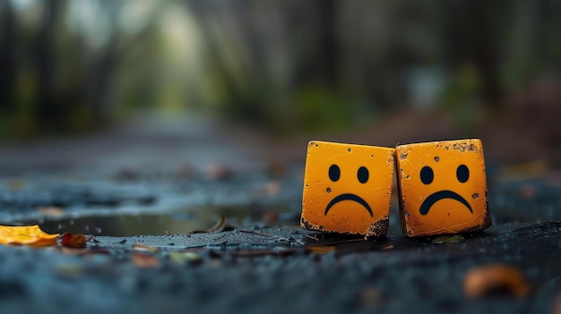 Zwei gelbe Würfel mit traurigen Gesichtern sitzen auf einer nassen Asphaltstraße Die Würfel sind im Fokus, während der Hintergrund verschwommen ist