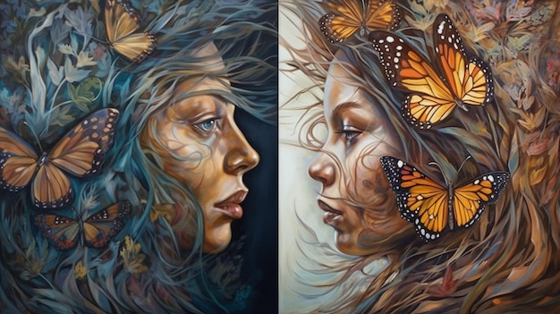 Zwei Gemälde einer Frau mit Schmetterlingen im Gesicht