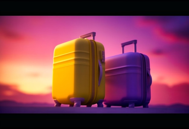 Zwei Gepäckstücke mit Farben dahinter und ein Flugzeug am Himmel