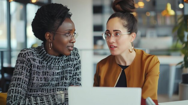 Foto zwei geschäftsfrauen in einem meeting, die sich einen laptop ansehen. die frauen tragen beide brille und eine von ihnen hat ihre haare in einem bündel.