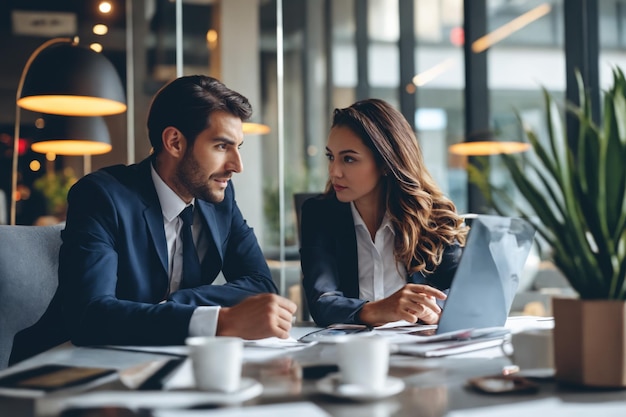 Zwei Geschäftsleute, eine Frau und ein Mann, unterhalten sich über eine finanzielle Marketingstrategie