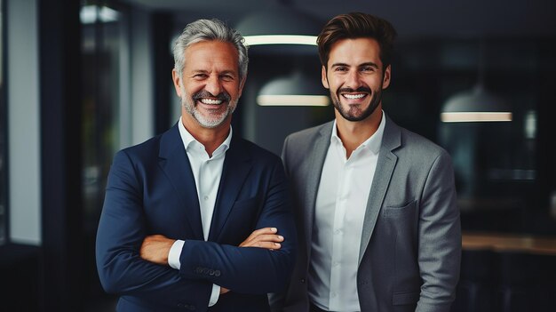 Zwei Geschäftsleute mittleren Alters lächeln glücklich und selbstbewusst und arbeiten mit einem Lächeln im Gesicht zusammen