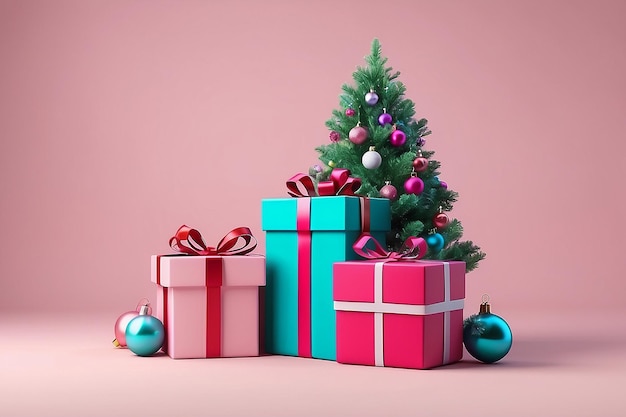 Zwei Geschenke stehen übereinander auf einem rosa Hintergrund mit Weihnachtsbaumdekorationen Neujahr 2024 Feierkonzept 3D-Rendering