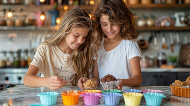 Zwei Geschwister in der Küche mit frisch gebackenen Cupcakes, die einen freudigen Moment teilen