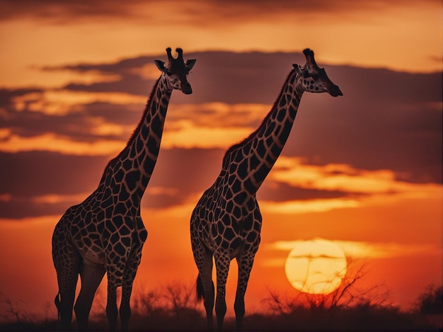 Zwei Giraffen stehen vor einem Sonnenuntergang und die Sonne steht hinter ihnen.