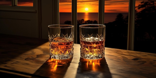 Zwei Gläser Alkohol sitzen auf einem Tisch vor einem Fenster