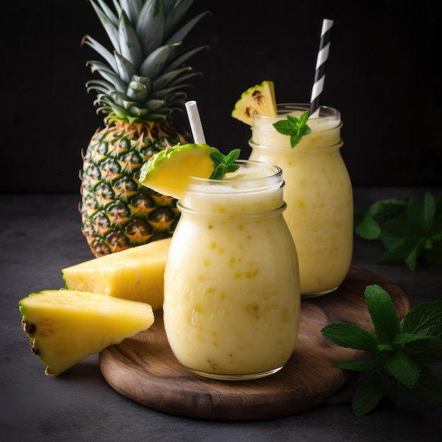 Zwei Gläser Ananas-Smoothies mit einem Strohhalm und einem schwarz-weiß gestreiften Strohhalm.