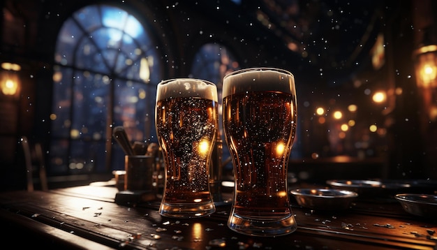 Zwei Gläser Bier auf einem Holztisch in einem Pub oder Restaurant
