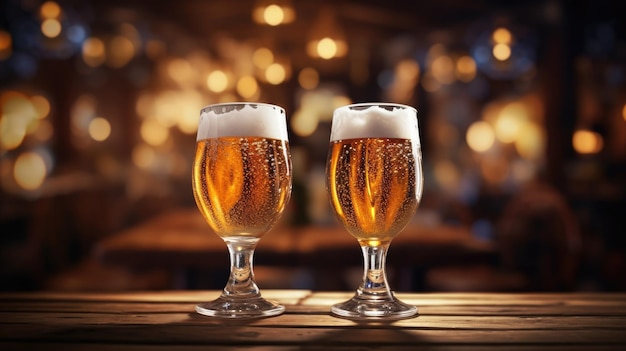 Zwei Gläser Bier auf einem Holztisch in einer Kneipe Bokeh-Lichter im Hintergrund