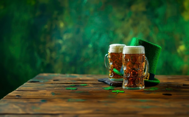 Zwei Gläser Bier und ein Leprechaun-Hut auf einem Tisch mit grünem Hintergrund