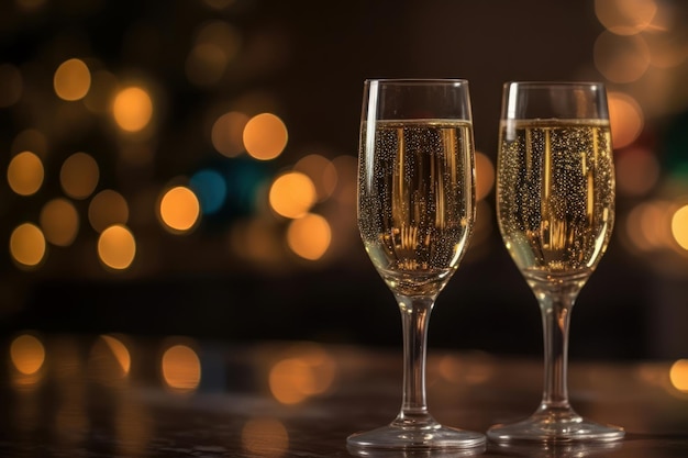 Zwei Gläser Champagner auf einem Tisch mit Weihnachtsbeleuchtung im Hintergrund