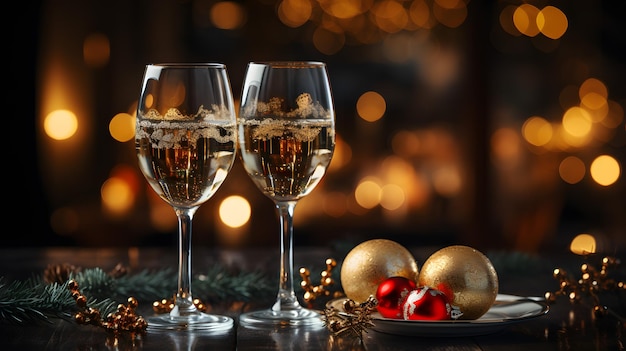 Zwei Gläser Champagner mit Weihnachtsdekoration auf einem Tisch Generative KI