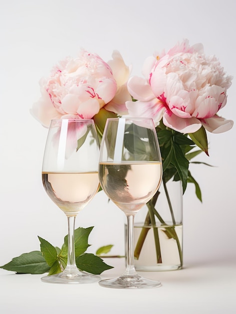 Foto zwei gläser champagner und ein bouquet rosa pfeunen in einer vase