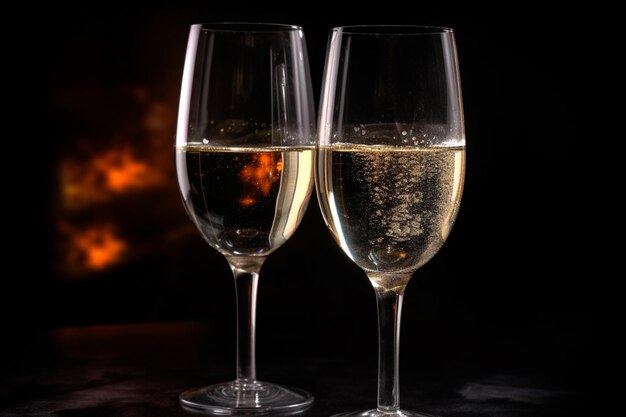 Zwei Gläser Champagner, von denen eines mit Blasen und das andere mit Champagner gefüllt ist.