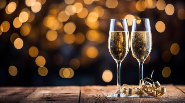 Zwei Gläser Champagner vor festlichem Rot und Gold