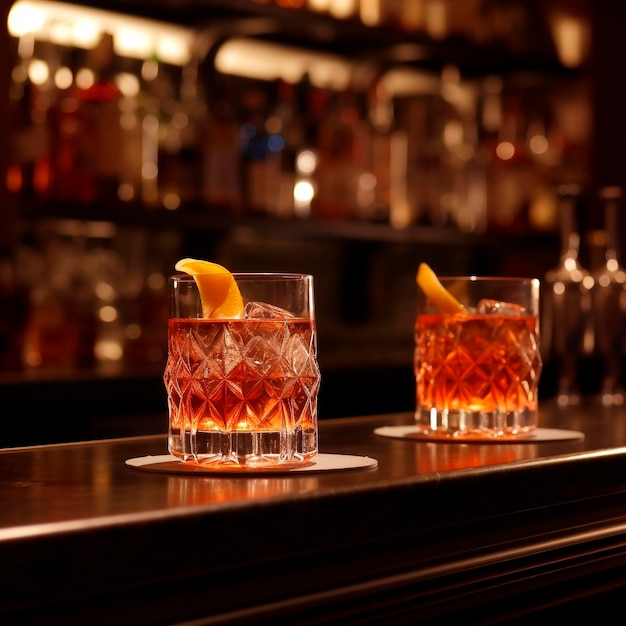 Zwei Gläser Cocktails auf einer Bar mit einem Regal dahinter
