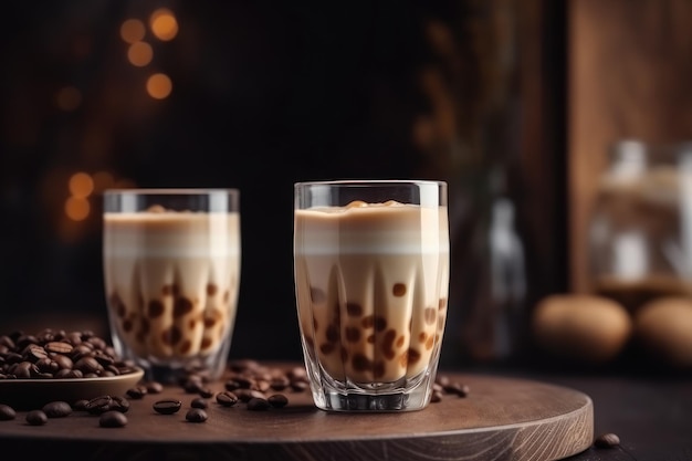 Zwei Gläser Dalgona-Kaffee mit Schaum und Kaffeebohnen auf dunklem Hintergrund Gläser mit köstlichem Latte Macchiato mit Kaffee AI Generated