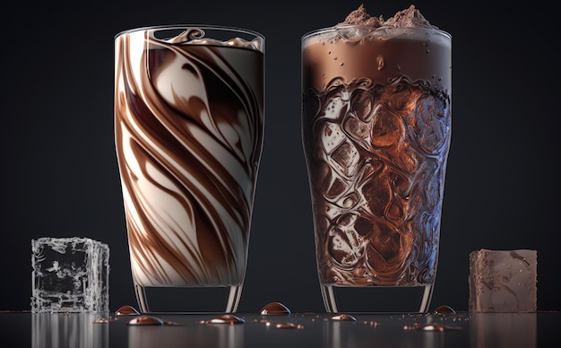 Zwei Gläser Eiskaffee mit dunklem Hintergrund. Eiscreme. Milchshakes. ai generiert