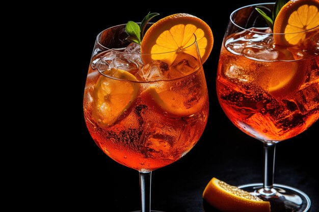 Zwei Gläser eiskalten Aperol-Spritz-Cocktail mit Orangenstücken auf schwarzem Hintergrund