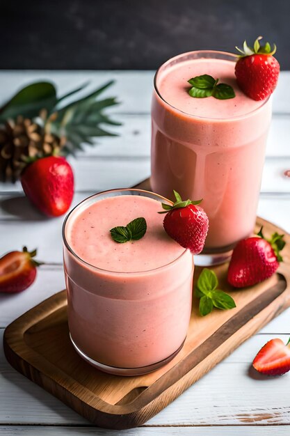 Zwei Gläser Erdbeer-Smoothies auf einem Holztablett mit einer Ananas daneben.