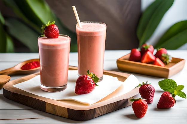 Zwei Gläser Erdbeer-Smoothies auf einem Tablett mit Erdbeeren als Beilage