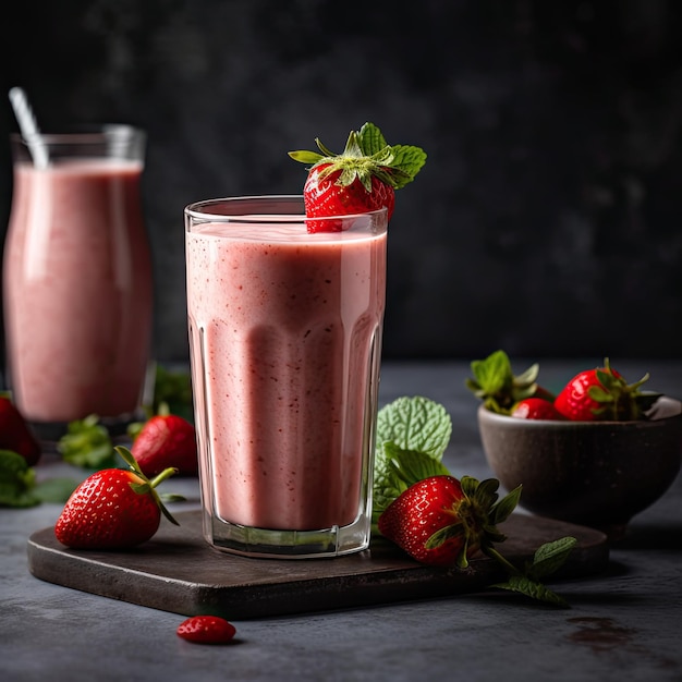 Zwei Gläser Erdbeer-Smoothies, eines davon eine Erdbeere.