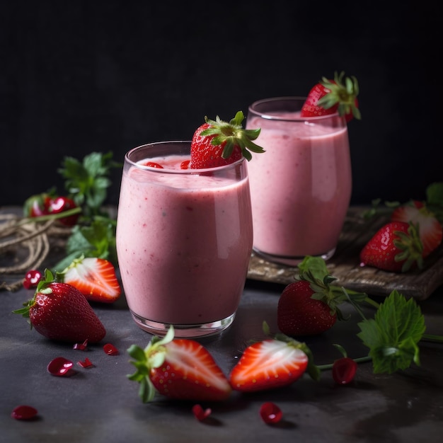 Zwei Gläser Erdbeer-Smoothies mit Erdbeeren an der Seite.