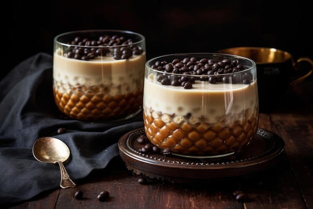 Zwei Gläser Kaffee mit Schokoladenstückchen auf dunklem Hintergrund.