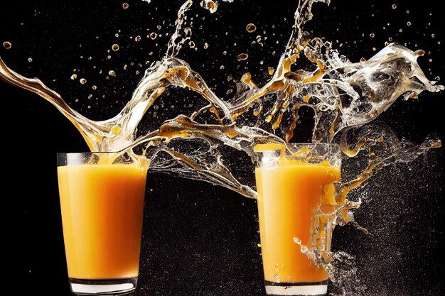 Zwei Gläser köstlicher gelber Saft in Orangenspritzern