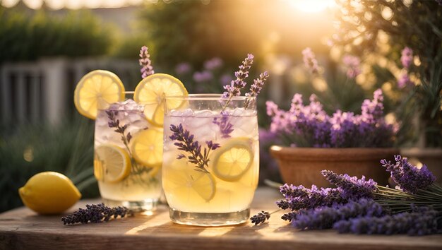 Zwei Gläser Limonade und Lavendelblüten im Garten, goldene Stunde, Sonnenuntergang, Ai generiert