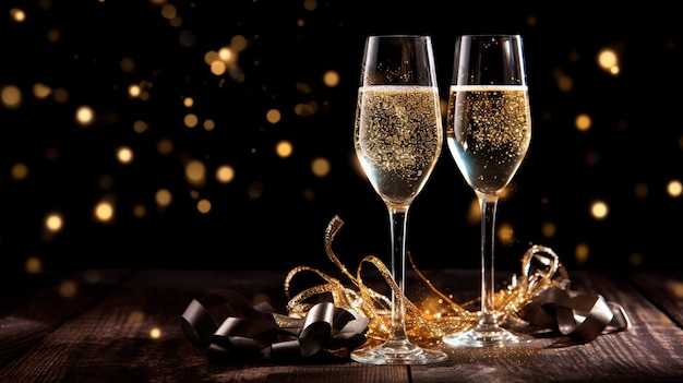 zwei Gläser mit Champagner und Neujahrslichtern Neujahrskonzept Generative KI