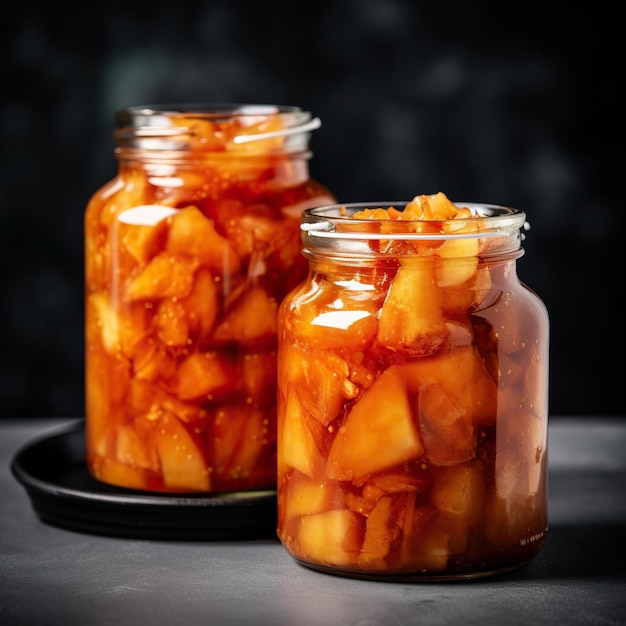 Zwei Gläser mit hausgemachter Marmelade auf dem Küchentisch Glasgläser mit köstlicher Apfelmarmelade auf dunklem Hintergrund