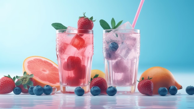 Zwei Gläser mit kalten Sommergetränken auf blauem Hintergrund mit von der KI generierten Erdbeeren und Blaubeeren