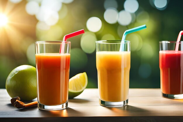 Zwei Gläser Orangensaft mit einem Strohhalm daneben, eines davon mit einer Limettenscheibe und das andere mit einer Limettenscheibe an der Seite.