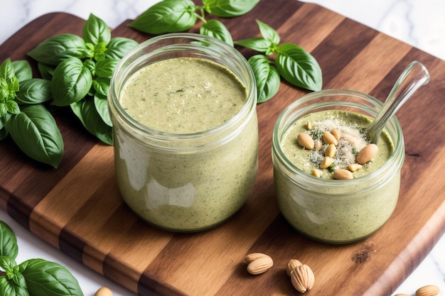 Zwei Gläser Pesto-Sauce mit einem Glas Mandeln auf einem Holzschneidebrett.