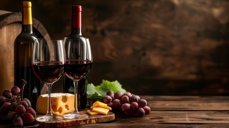 Foto zwei gläser rotwein, zwei flaschen wein, ein block käse und trauben werden auf einem holztisch ausgestellt.