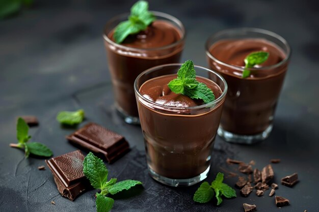 Zwei Gläser Schokoladenpudding mit Minzgarnierung