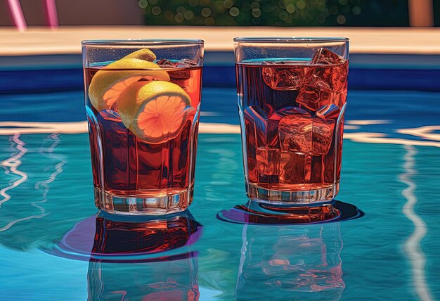 zwei Gläser Soda sitzen vor einem großen Pool im Stil der Farbkunst
