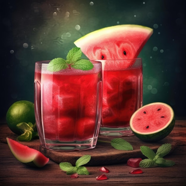 Zwei Gläser Wassermelonensaft mit einer Scheibe Wassermelone rechts.