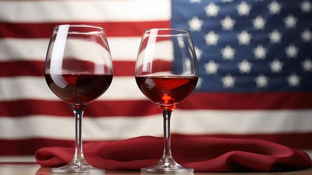 Foto zwei gläser wein auf dem tisch vor dem hintergrund der amerikanischen flagge.