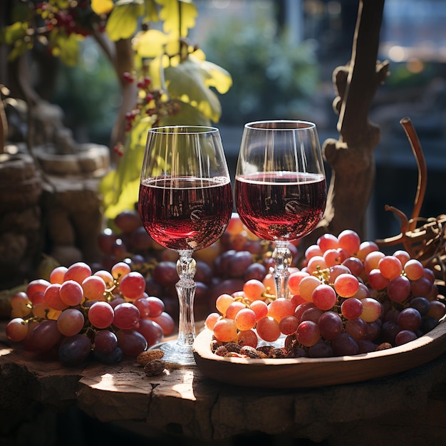 Zwei Gläser Wein stehen auf einem Tablett mit Trauben und Trauben.